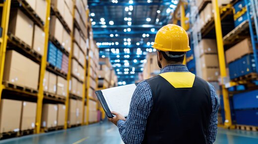 Auf dem Bild ist im vorderen Teil ein Bauarbeiter mit gelbem Schutzhelm von hinten zu sehen. Er hält eine Checkliste in der Hand. Er blickt in ein Lager voller großer Kartons mit Handelsgut darin.
