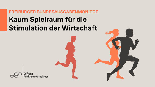 Grafik zum Freiburger Bundesausgabenmonitor mit dem Titel ‚Kaum Spielraum für die Stimulation der Wirtschaft‘: stilisierte Läufer-Silhouetten symbolisieren begrenzte fiskalische Handlungsspielräume des Bundeshaushalts in Deutschland und Herausforderungen für wirtschaftspolitische Impulse.